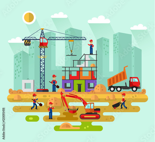 Flat design vector landscape illustration of construction process in the city. Including crane and bulldozer or excavator, cement, unloading truck with sand. Workers or builders build a house.