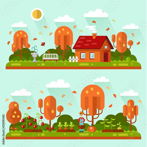 Flat design vector autumn landscape illustrations with house, bench, leaf fall, sun. Garden with beds of carrots, tomatoes, gardener. Farming, agricultural, harvest concept.