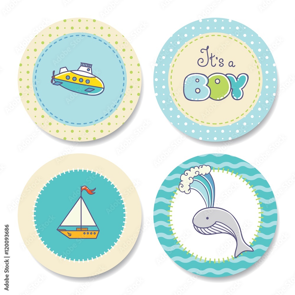 Fototapeta premium Set of colorful stickers for boy's birthday