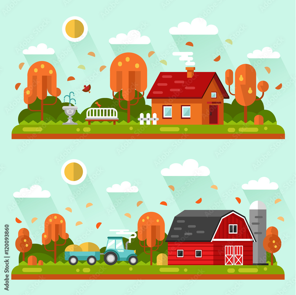Flat design vector autumn landscape illustrations with farm building, house, bench, fountain or drinking bowls for birds, leaf fall, tractor. Farming, agricultural, harvest concept.