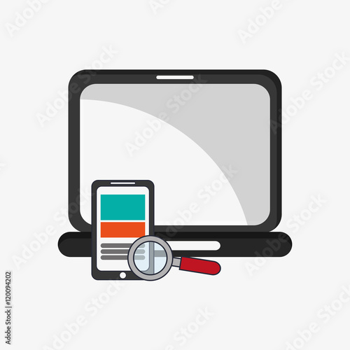 flat design laptop with magnifying glass and cellphone telecommunication related icons vector illustraiton 