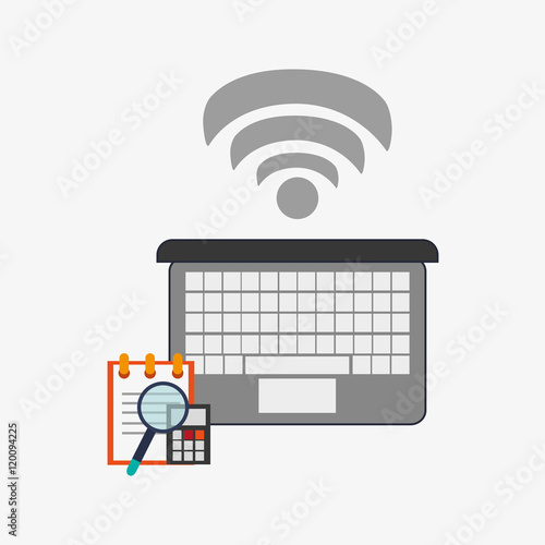 flat design laptop with wifi connection magnifying glass calculator and notepad telecommunication related icons vector illustraiton 
