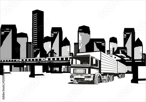 City buildings and train on railroad vector monochrome illustration