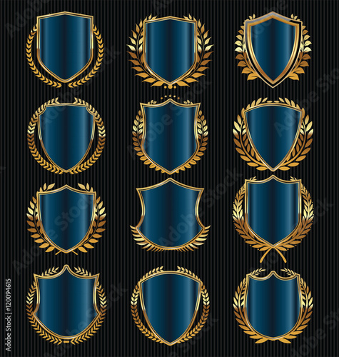 Retro vintage golden laurel wreath and shields collection