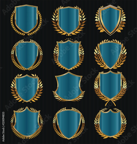 Retro vintage golden laurel wreath and shields collection