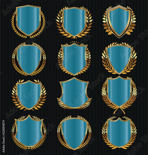 Retro vintage golden laurel wreath and shields collection