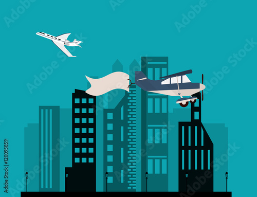 airplane and advertising banner over city vector illustration 