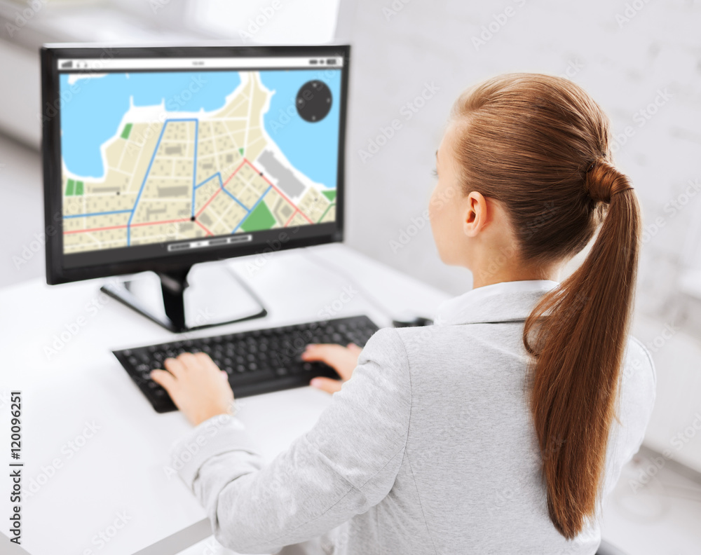businesswoman with gps navigator map on computer businesswoman with gps navigator map on computer