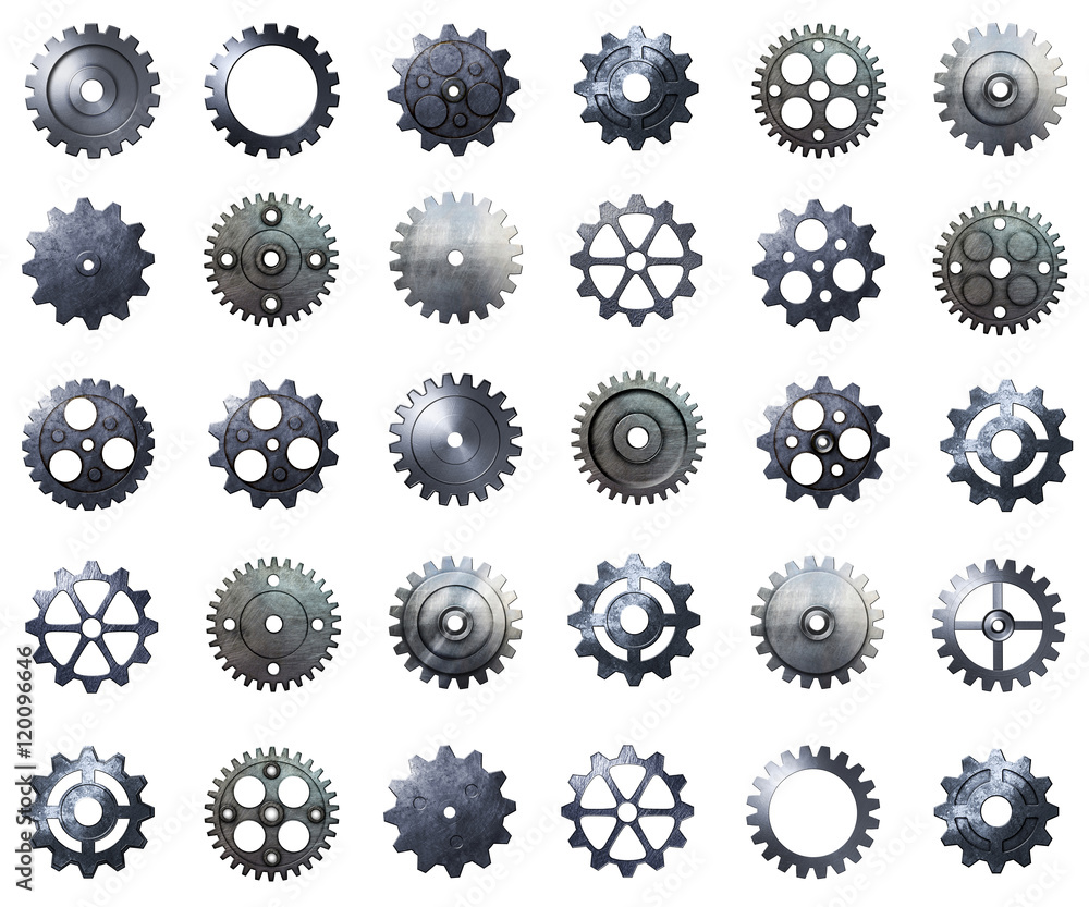 cogwheel mega pack. metal gear with real texture on isolated bac - obrazy, fototapety, plakaty 