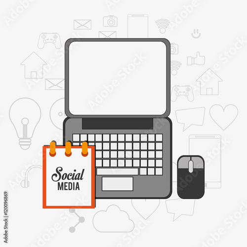 flat design laptop with social media notepad and mouse surrounded by telecommunication related icons vector illustraiton 