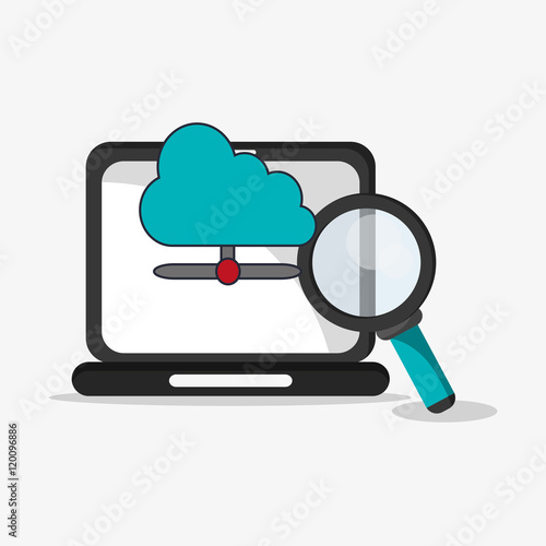 flat design laptop with magnifying glass and cloud storage telecommunication related icons vector illustraiton 