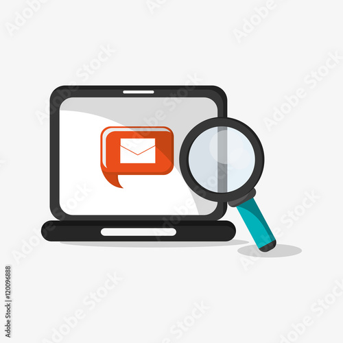 flat design laptop with magnifying glass and envelope message on screen telecommunication related icons vector illustraiton 