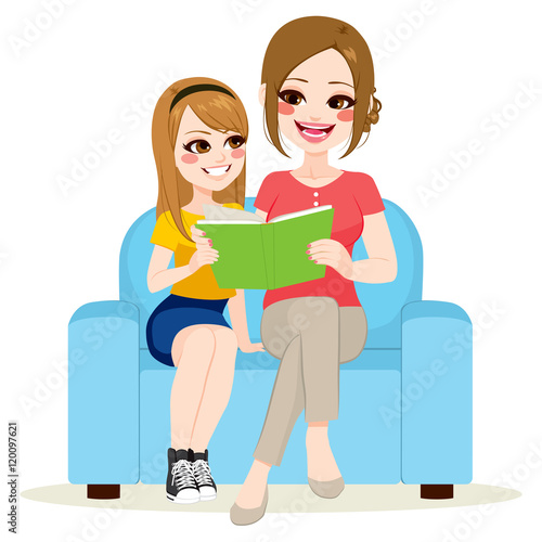 Beautiful mother and happy teenager daughter girl sitting on sofa sharing book reading together