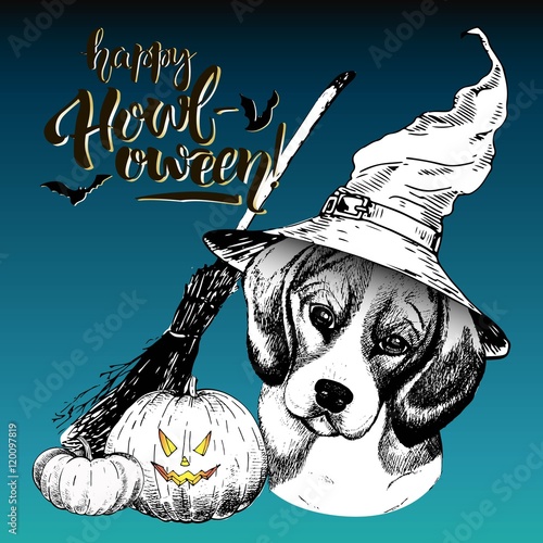 Vector greeting card for Halloween. Dog wearing the witch hat. Broom and pumpkin lanterns. Hand drawn.