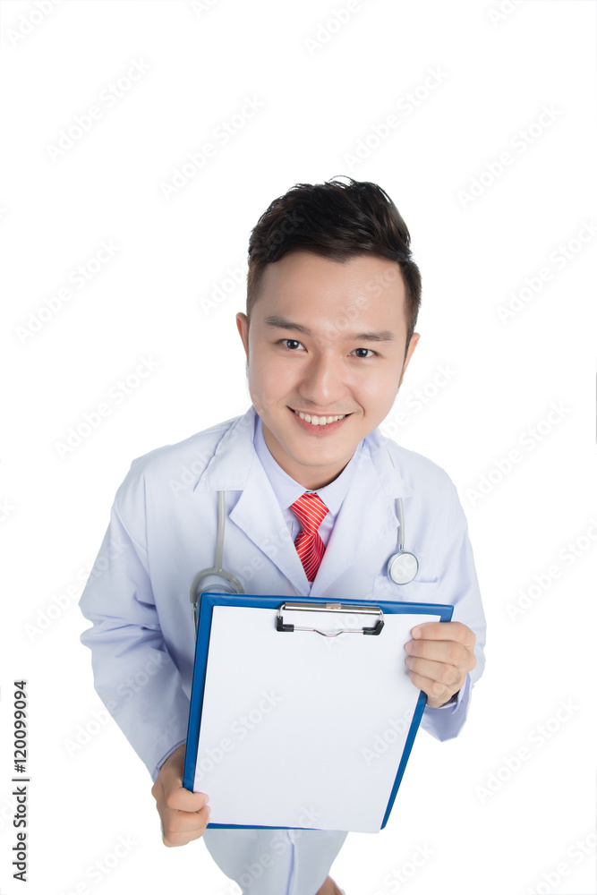 Male Asian Doctor standing with folder, isolated on white backgr Male Asian Doctor standing with folder, isolated on white backgr