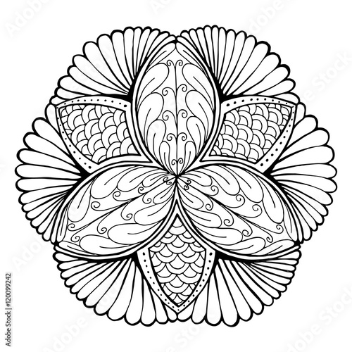 Hand-drawing mandala, round floral ornament. Pattern for coloring book or print for cloth. Vector stock illustration.