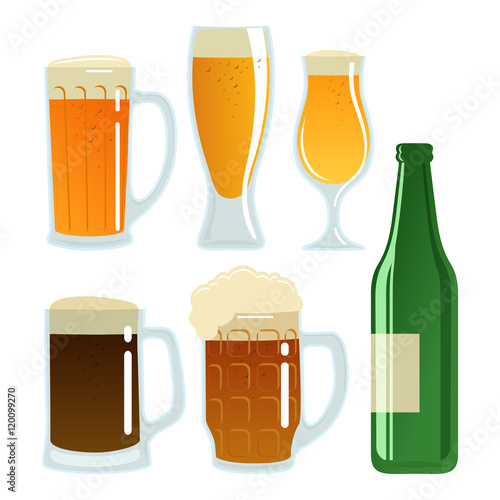 Set of beer glasses and bottle. Vector stock illustration.