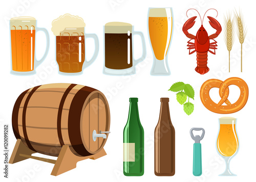 Set of beer glasses, bottle and snack icons. Vector stock illustration.