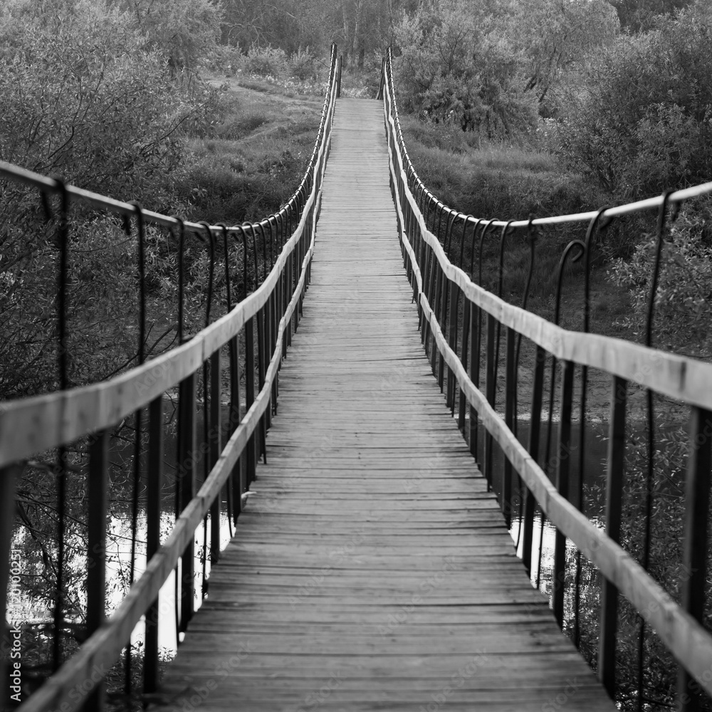  Suspended wooden bridge in black and white