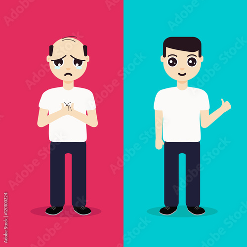 Unhappy man with alopecia becomes a happy man after hair regeneration. Before and after hair treatment and hair transplantation. Perfect for hair clinics and diagnostic centers. Vector illustration.
