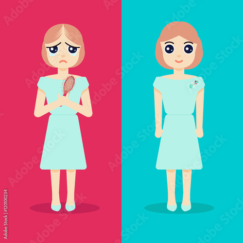 Unhappy woman with alopecia becomes happy after hair regeneration. Before and after hair treatment and hair transplantation. Perfect for hair clinics and diagnostic centers. Vector illustration.