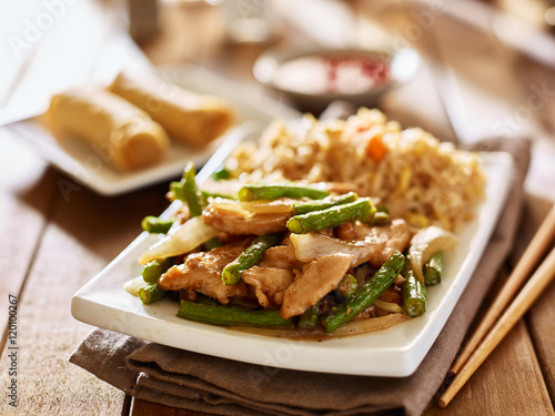 chinese greenbean and chicken stir fry with fried rice