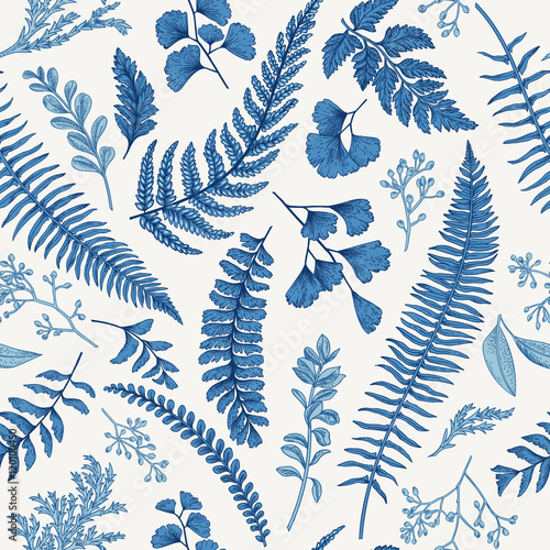 Seamless floral pattern with herbs and leaves.