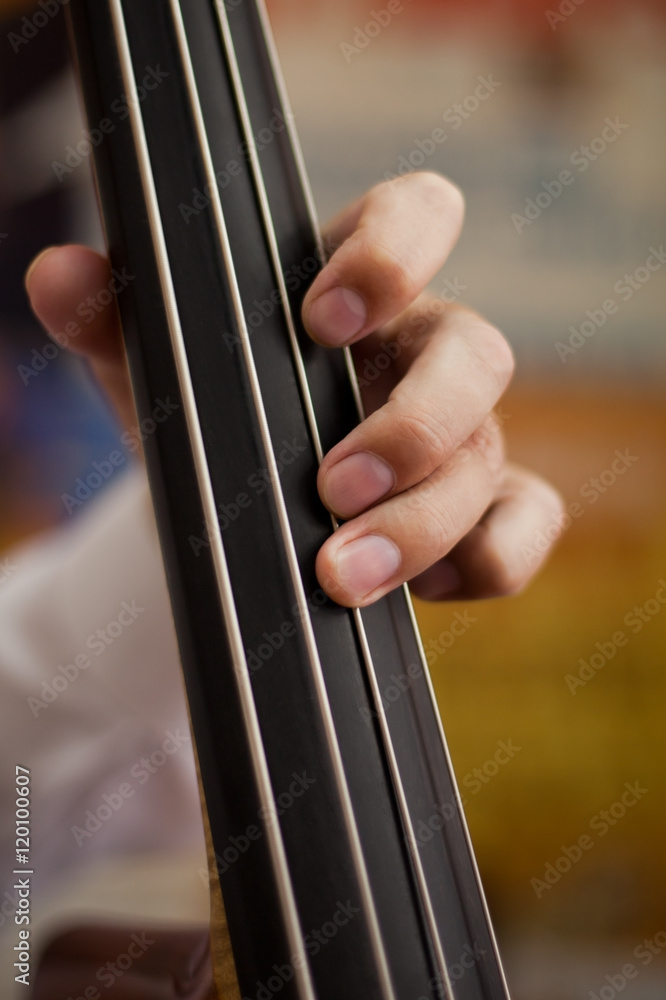 Musician's fingers on the strings bass closeup Musician's fingers on the strings bass closeup
