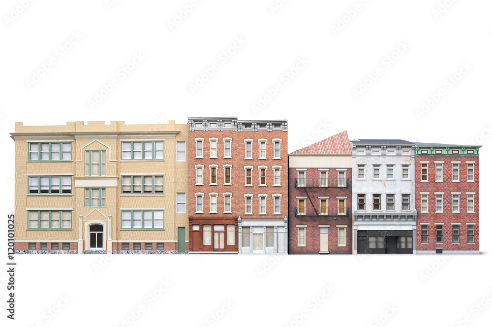 Old town buildings isolted on white background. 3d illustration