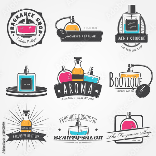 The Fragrance Shop set. Exclusive boutique with aromatic oils. Detailed elements. Old retro vintage grunge. Scratched, damaged, dirty effect. Typographic labels, stickers, logos and badges.