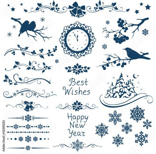 Vector set of New Year calligraphic elements and ornaments for page decor. Christmas decorations. 