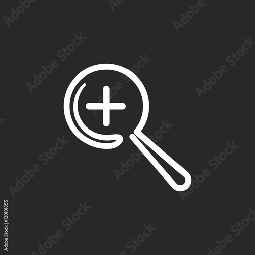 Magnifying Glass with plus or zoom in sign one line icon on background