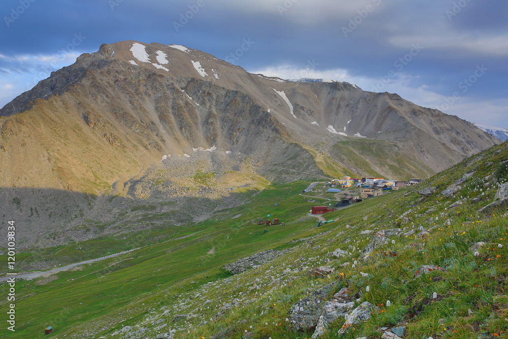 Snowy mountain peaks.Mountain landscape. Snowy mountain peaks.Mountain landscape.