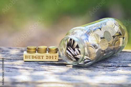 Business Concept -BUDGET 2017 WORD Golden coin stacked with wood photo