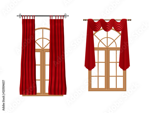 Windows with luxury red curtains. 3D image isolated on white.