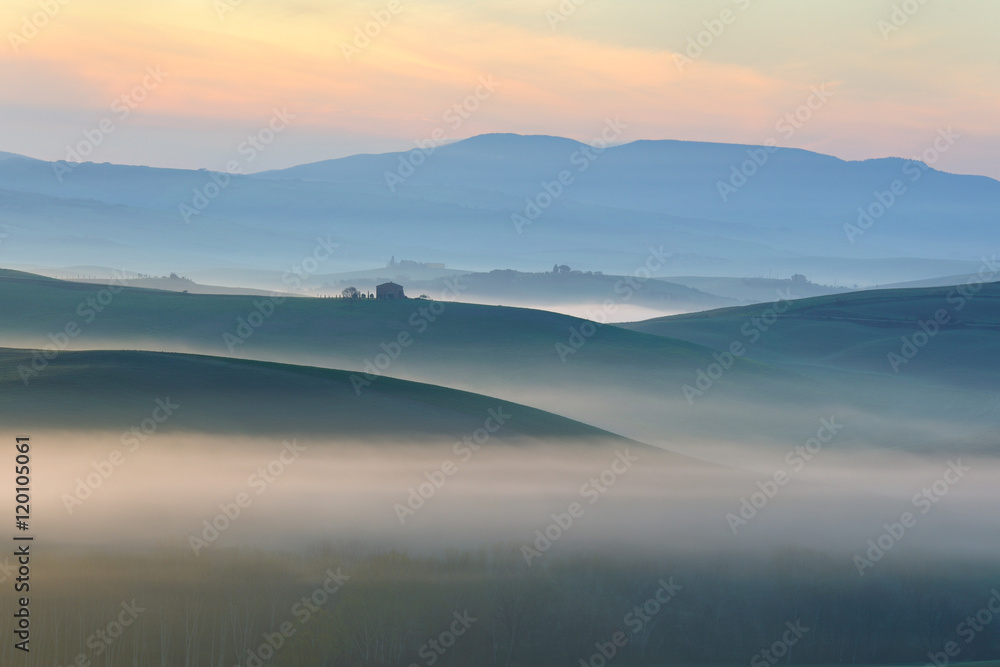 Tuscany Landscape at Sunrise, Morning Fog, Val d’Orcia, Tuscany, Italy Tuscany Landscape at Sunrise, Morning Fog, Val d’Orcia, Tuscany, Italy
