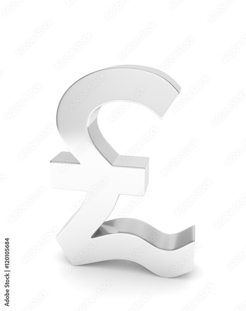 Isolated silver pound sign on white background. British currency. Concept of investment, european market, savings. Power, luxury and wealth. Great Britain, Nothern Ireland. 3D rendering. Isolated silver pound sign on white background. British currency. Concept of investment, european market, savings. Power, luxury and wealth. Great Britain, Nothern Ireland. 3D rendering.