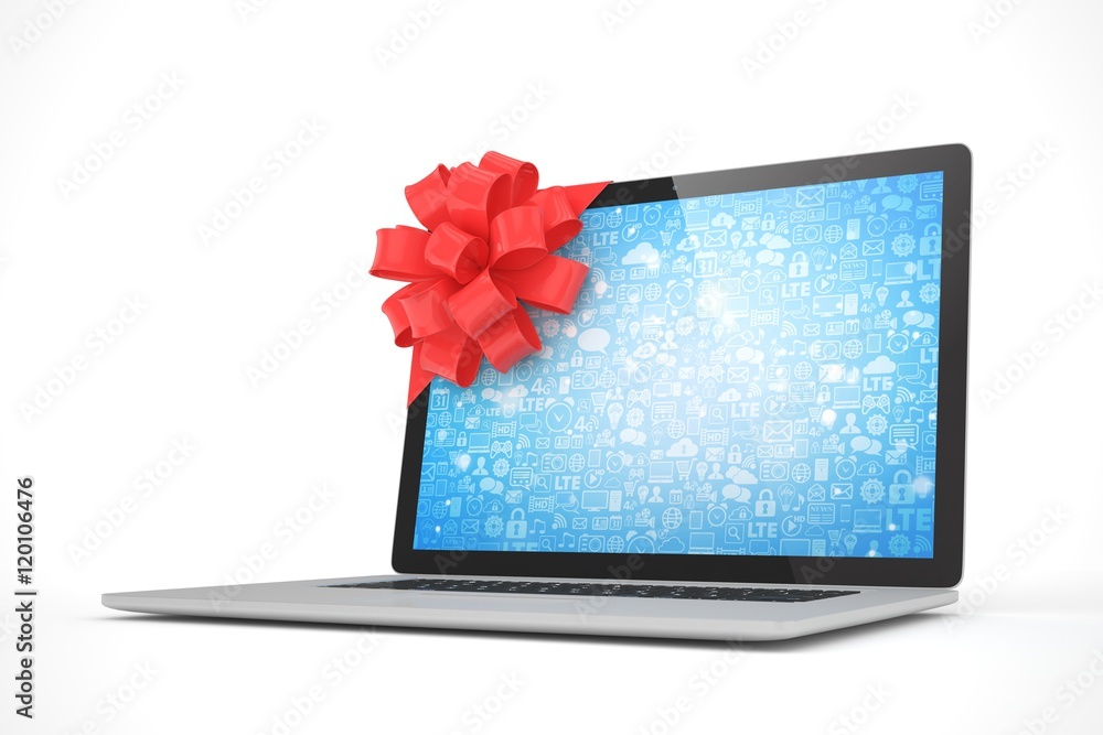 Laptop with red bow and blue screen. 3D rendering. Stock Illustration ...