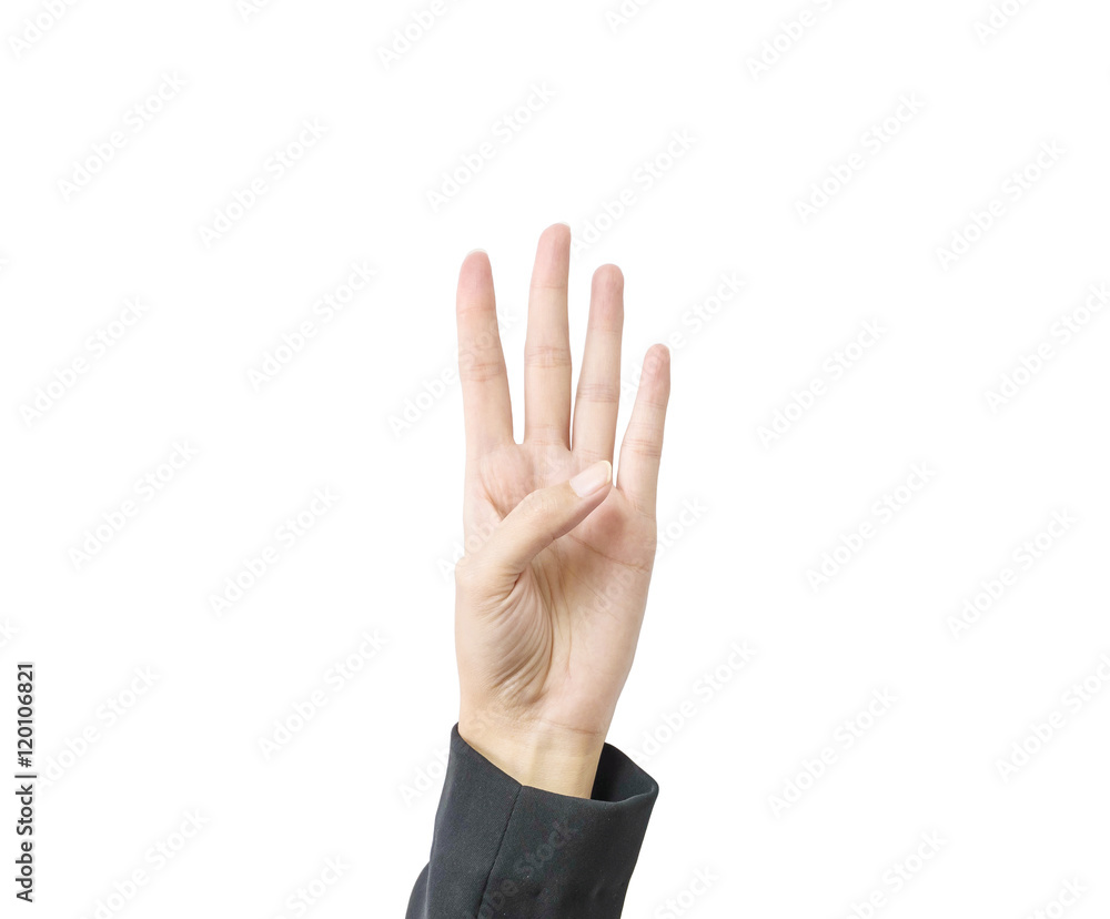 Closeup hand of working woman show four finger isolated on white background with clipping path Closeup hand of working woman show four finger isolated on white background with clipping path