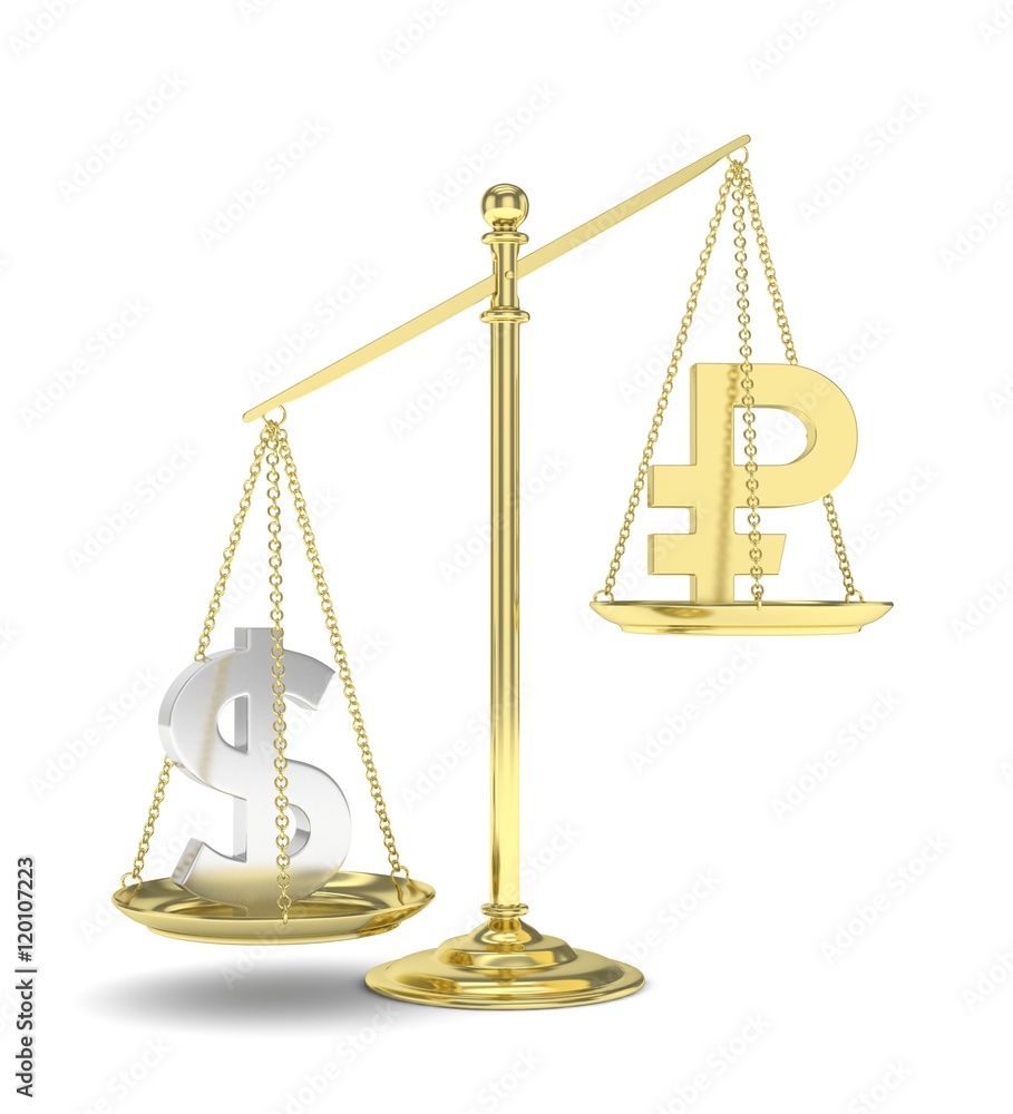 Isolated old fashioned pan scale with dollar and ruble on white background. American and russian currency. Dollar is heavier. Silver usd, golden rouble. 3D rendering. Isolated old fashioned pan scale with dollar and ruble on white background. American and russian currency. Dollar is heavier. Silver usd, golden rouble. 3D rendering.