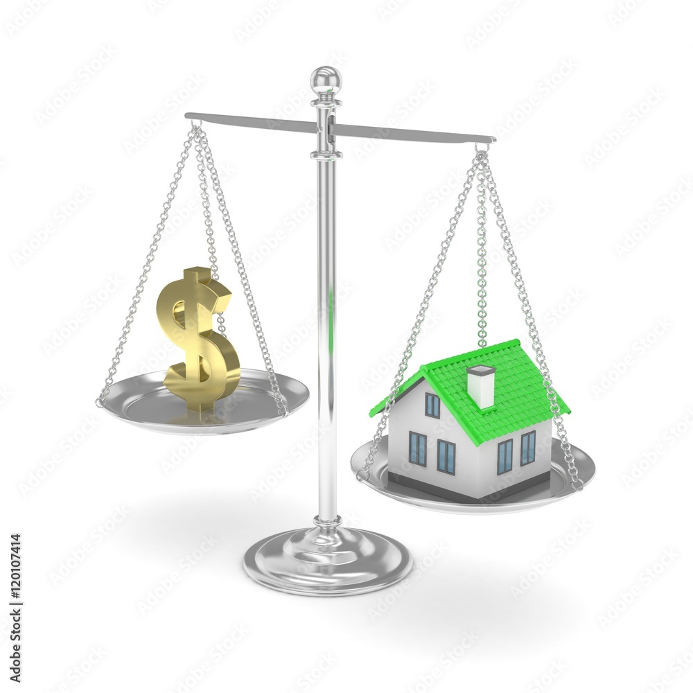 Isolated silver scales with golden dollar and house on white background. Investment or savings concept. Real estate and currency. 3D rendering. Isolated silver scales with golden dollar and house on white background. Investment or savings concept. Real estate and currency. 3D rendering.