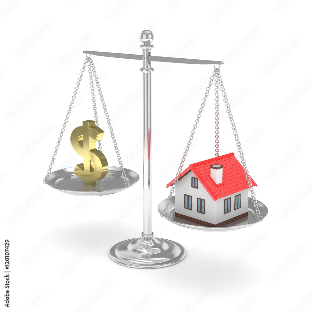 Isolated silver scales with golden dollar and house on white background. Investment or savings concept. Real estate and currency. 3D rendering. Isolated silver scales with golden dollar and house on white background. Investment or savings concept. Real estate and currency. 3D rendering.