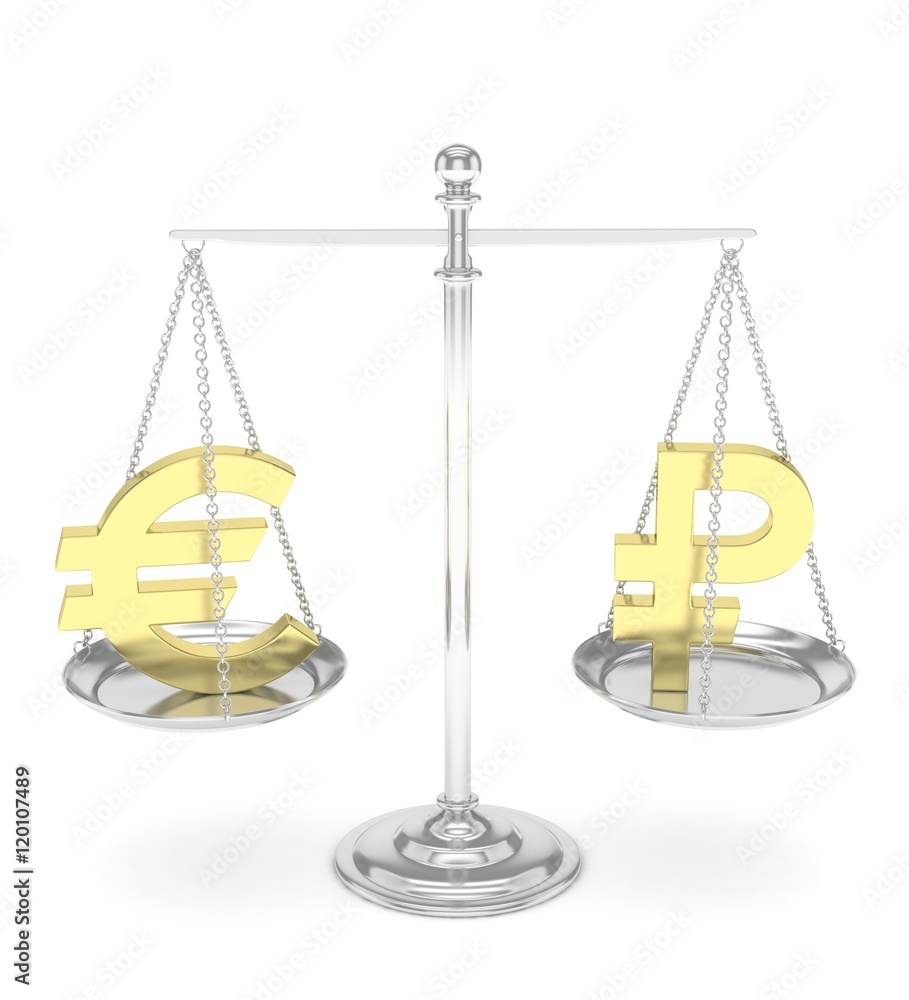 Isolated silver scales with golden euro and ruble currency. Russian and european finance. Measuring of market stability. 3D rendering. Isolated silver scales with golden euro and ruble currency. Russian and european finance. Measuring of market stability. 3D rendering.