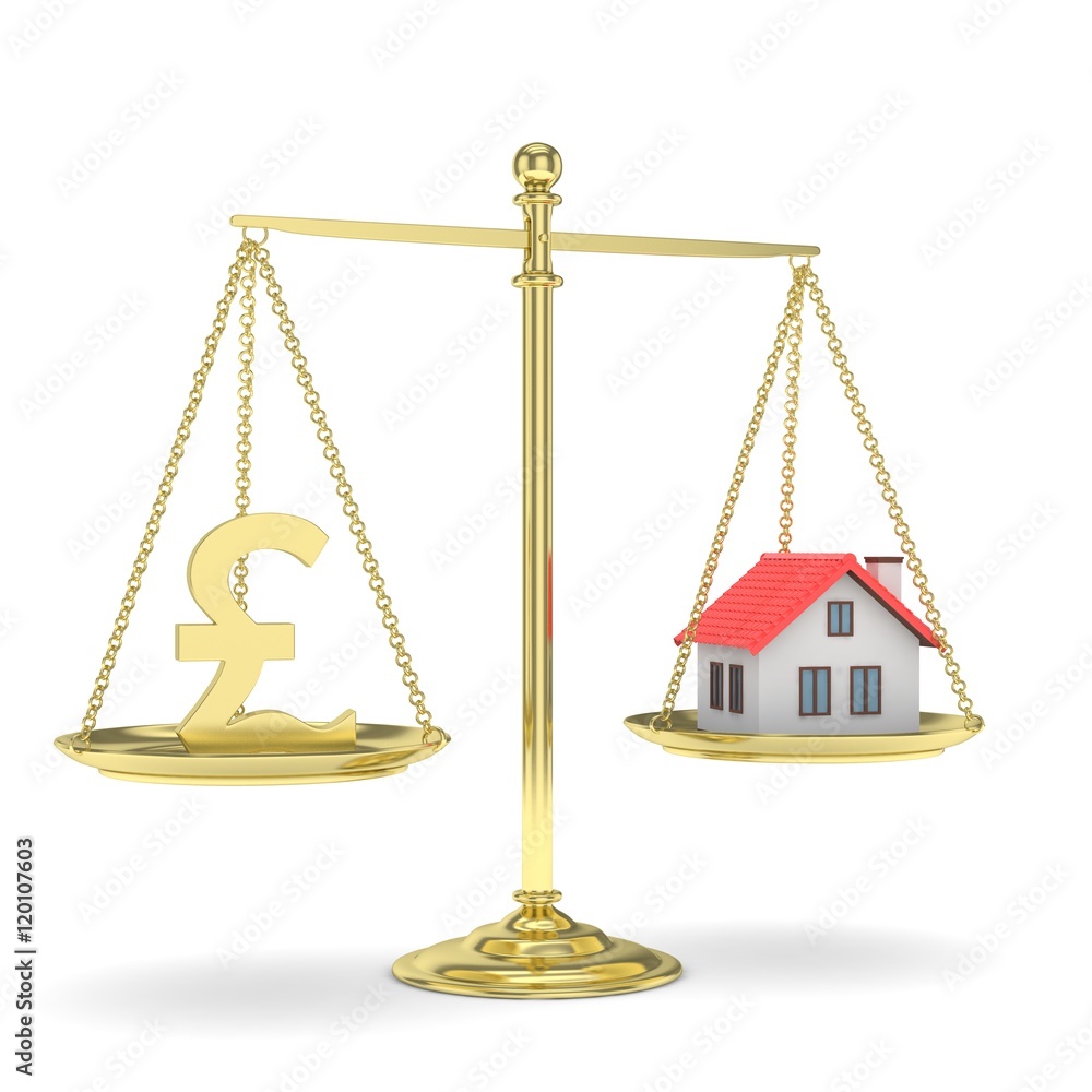 Isolated golden scales with golden pound and house on white background. Investment or savings concept. Real estate and currency. 3D rendering. Isolated golden scales with golden pound and house on white background. Investment or savings concept. Real estate and currency. 3D rendering.