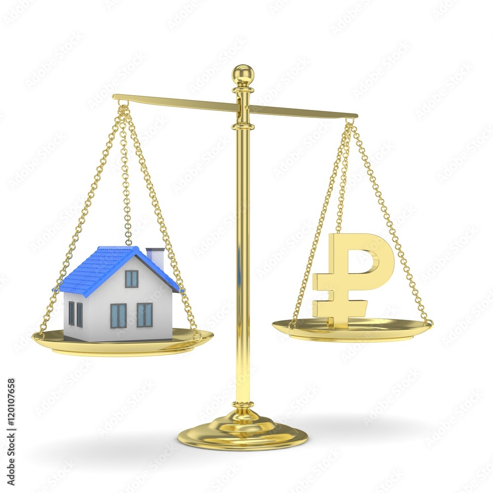 Isolated old fashioned pan scale with ruble and house on white background. Real estate vs russian currency. Affordable house. 3D rendering. Isolated old fashioned pan scale with ruble and house on white background. Real estate vs russian currency. Affordable house. 3D rendering.