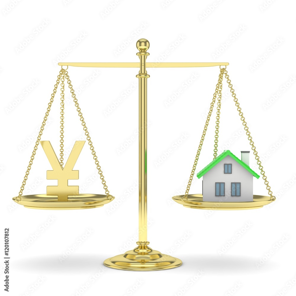 Isolated golden scales with golden yuan and house on white background. Investment or savings concept. Real estate and currency. 3D rendering. Isolated golden scales with golden yuan and house on white background. Investment or savings concept. Real estate and currency. 3D rendering.