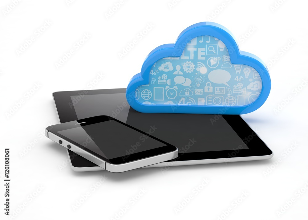 tablet pc, smart phone and cloud. 3d rendering. tablet pc, smart phone and cloud. 3d rendering.