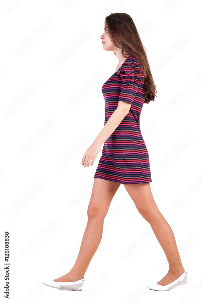 back view of walking woman in dress. beautiful brunette girl in motion. backside view of person. Rear view people collection. Isolated over white background. Sad brunette goes past us back view of walking woman in dress. beautiful brunette girl in motion. backside view of person. Rear view people collection. Isolated over white background. Sad brunette goes past us