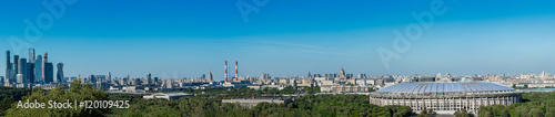 Panoramic viewpoint at Sparrow Hills giving excellent panoramic view of the city including new buildings and Luzhniki Stadium in Moscow , Russia
