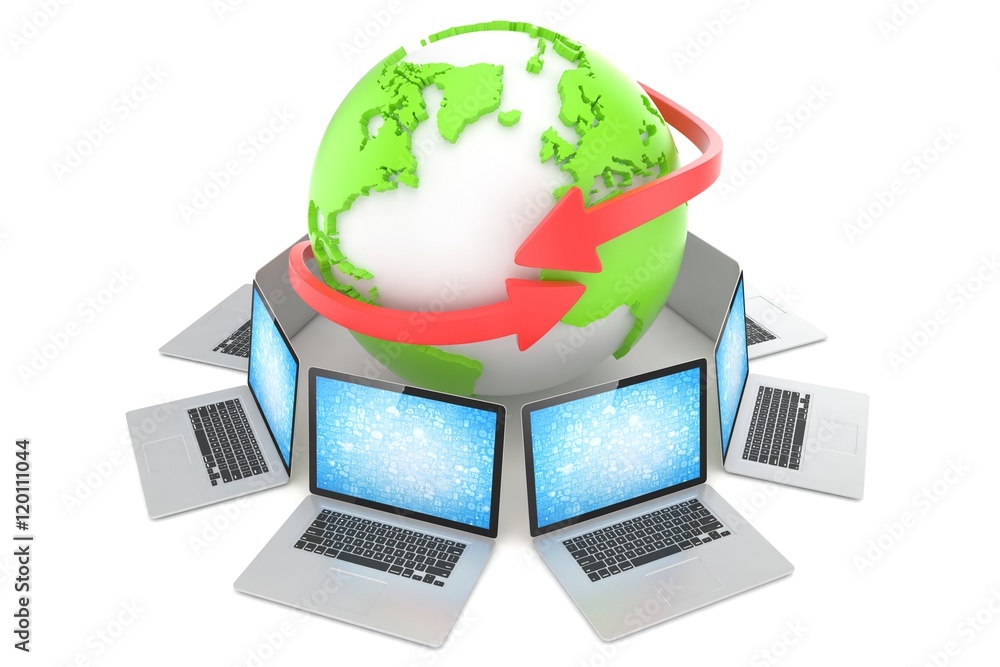 Laptop network around earth globe. 3d render Laptop network around earth globe. 3d render